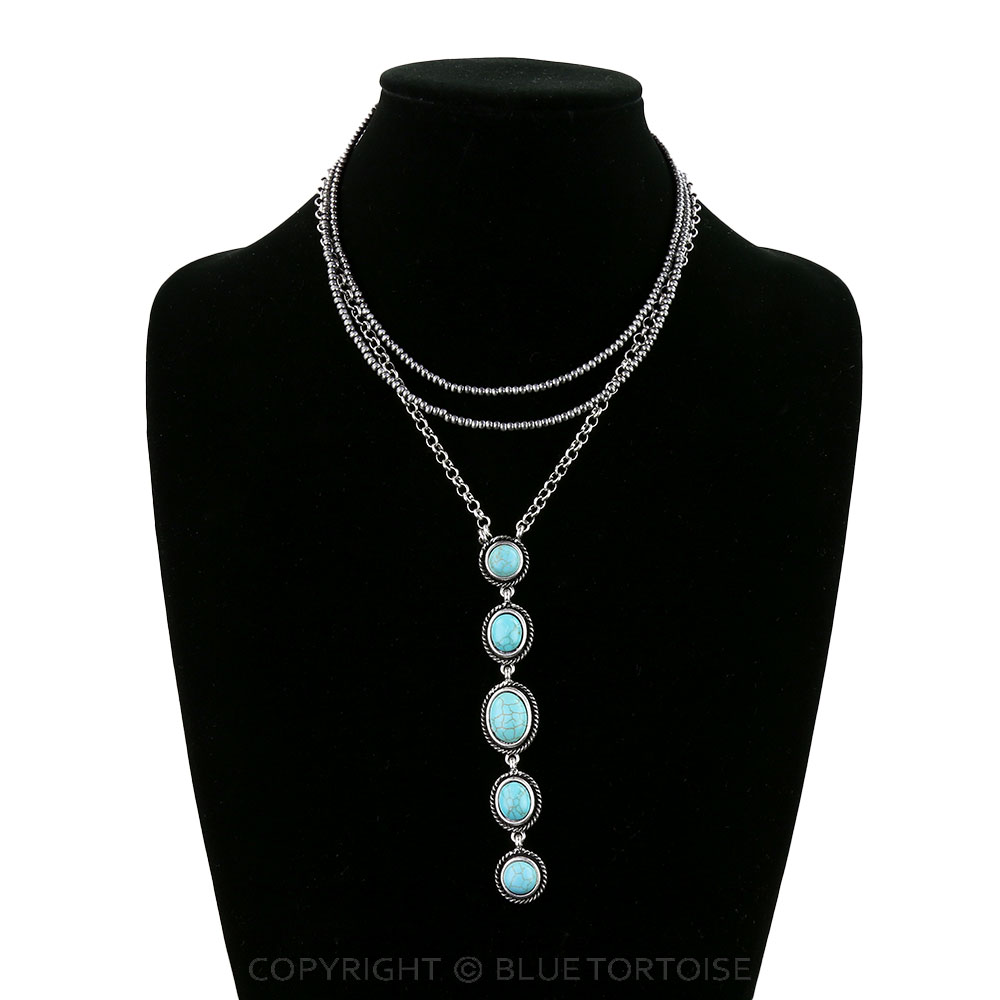 Western Oval Stone Drop 3Row Necklace - Image 2