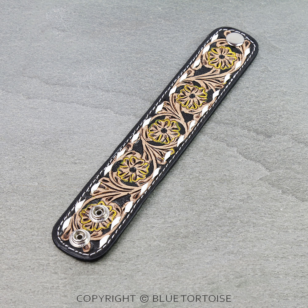 Western Genuine Tooled Leather Bracelet - Flower Pattern - Image 2