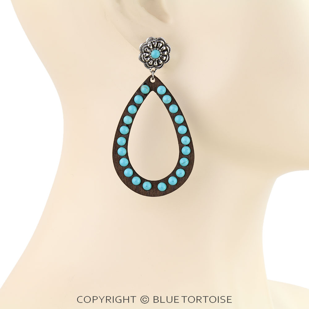 Western Wooden Teardrop Concho Stud Earrings - Image 2