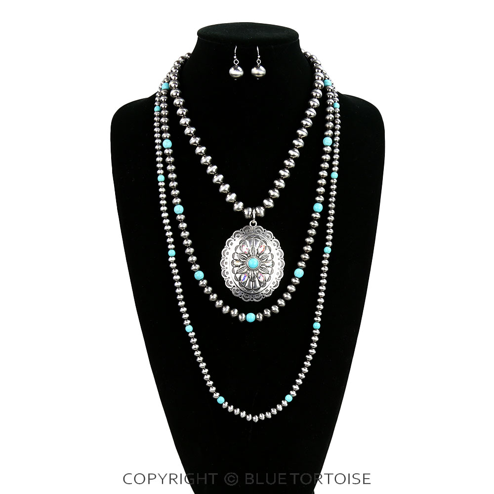 3 Layered Navajo Style Pearl with Concho Pendant Necklace - Image 2