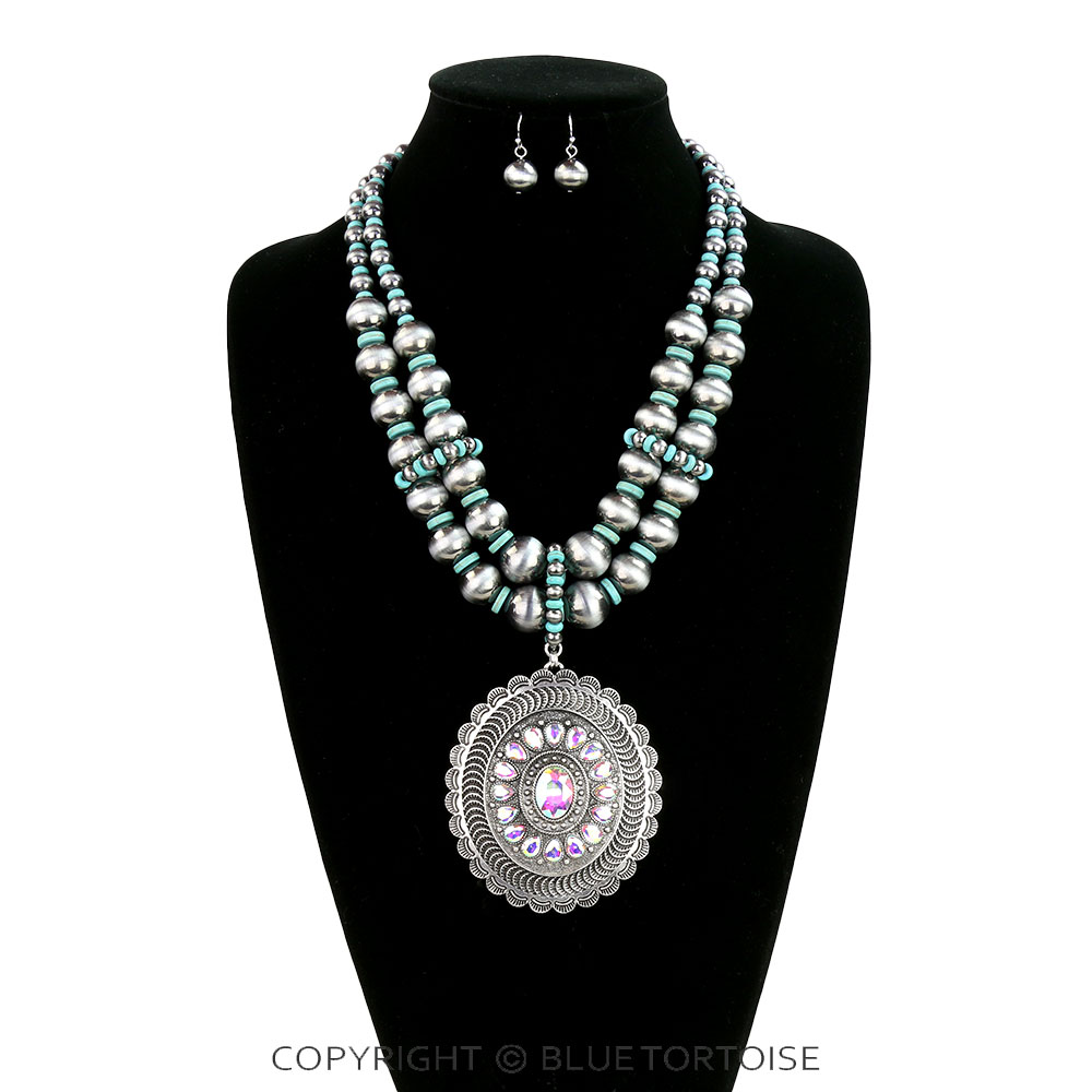 2 Layered Navajo Style Pearl with Concho Pendant Necklace Set - Image 2
