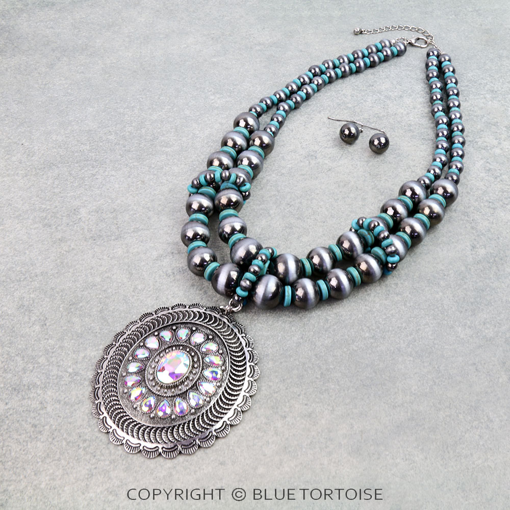 2 Layered Navajo Style Pearl with Concho Pendant Necklace Set