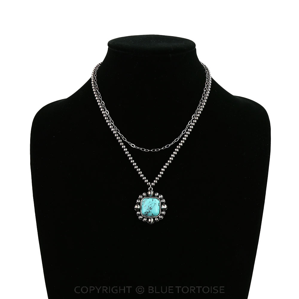 2Row Navajo Style Pearl Square Stone Necklace - Image 2