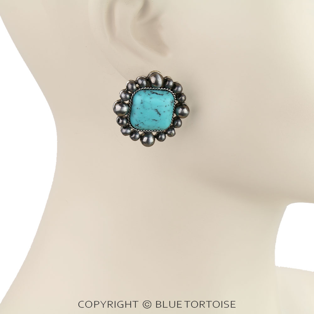 Navajo Style Pearl Square Stone Stud Earrings - Image 2