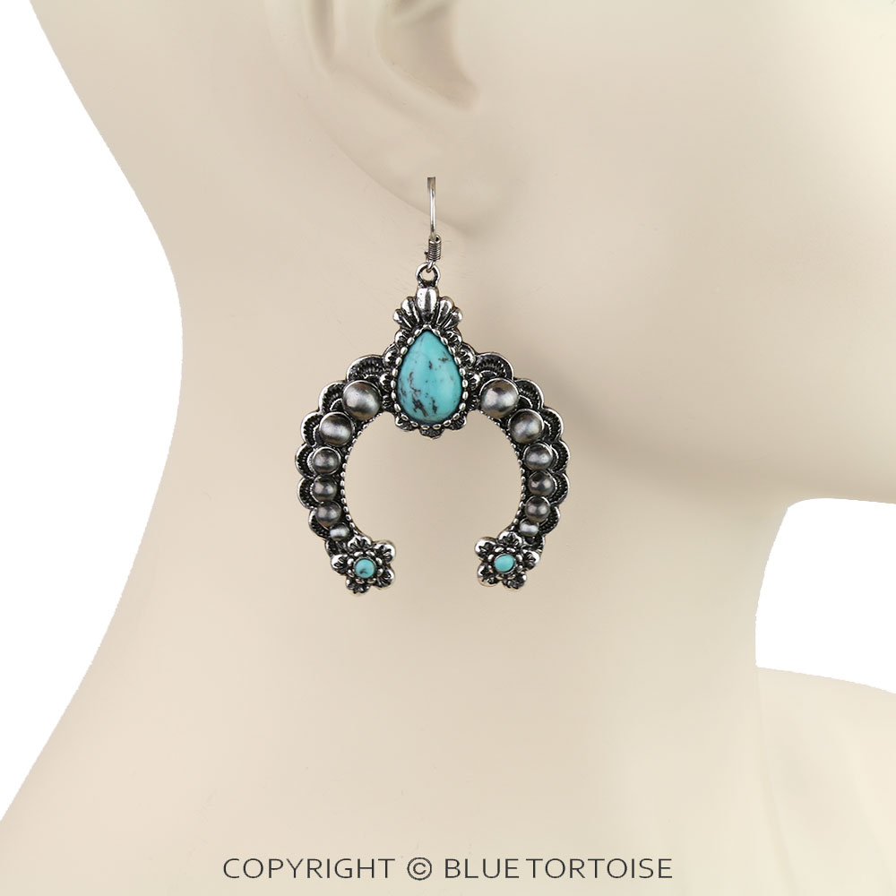 Western Navajo Style Pearl Squash Blossom Dangle Earrings - Image 2