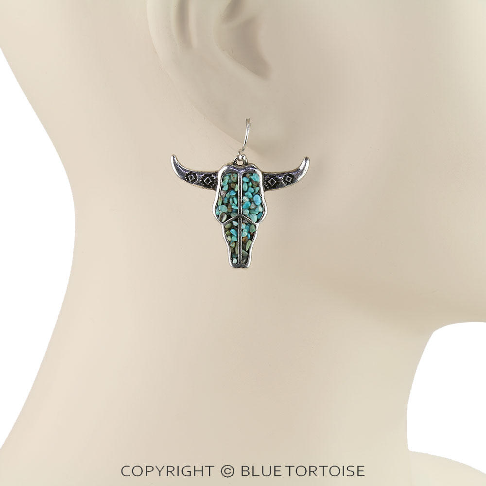 Western Steer Skull Chip Stone Dangle Earrings - Image 2