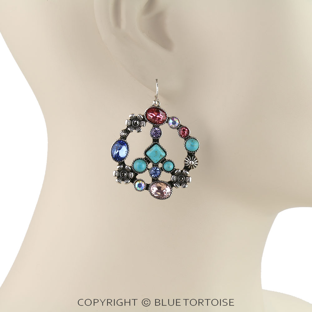 Western Glass Stone Peace Sign Dangle Earrings - Image 2