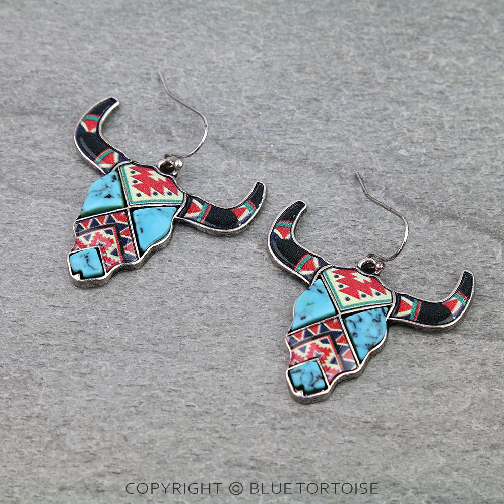 Western Aztec Print Steer Skull Dangle Earrings