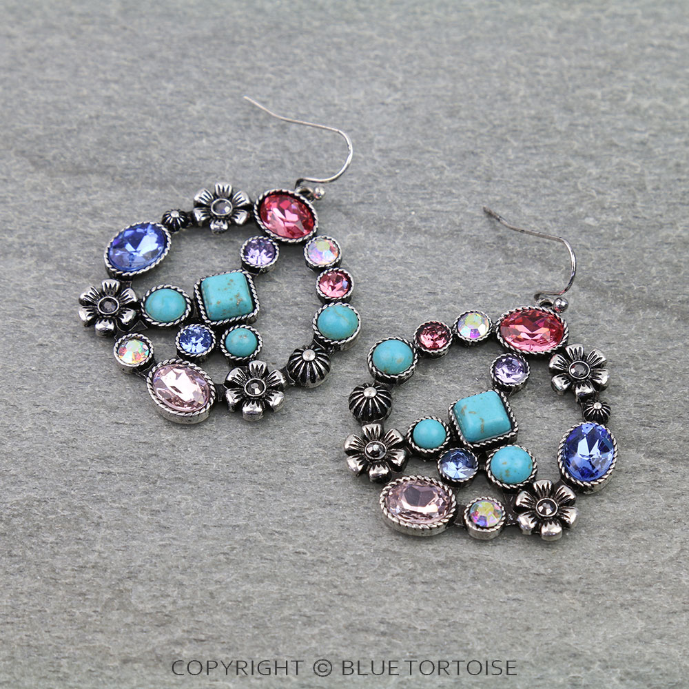 Western Glass Stone Peace Sign Dangle Earrings