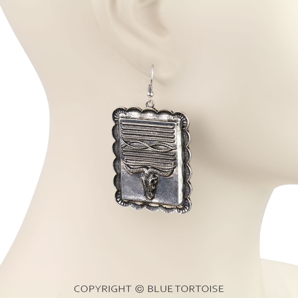 Western Boot Stitch Steer Skull Dangle Earrings - Image 2