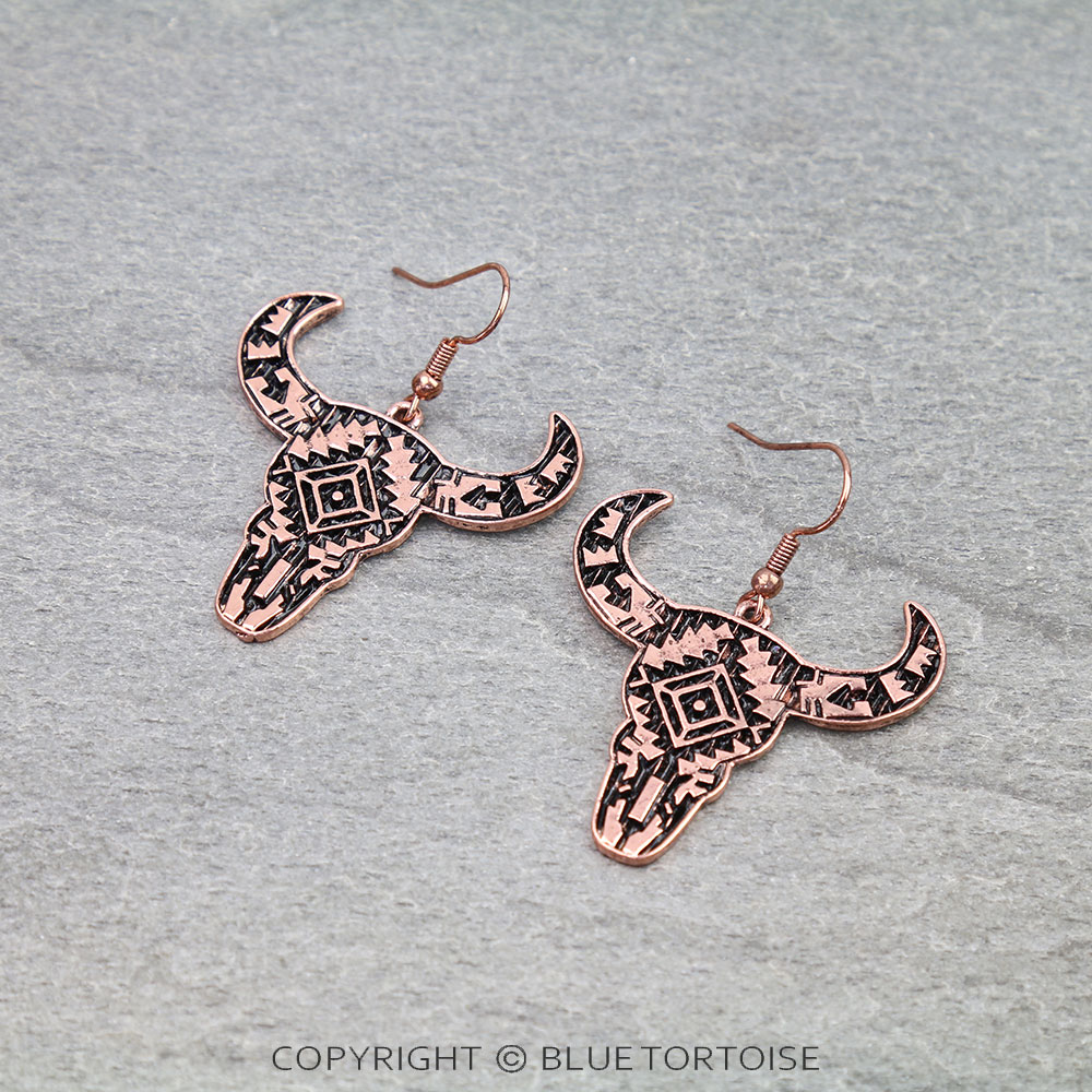 Western Aztec TXR Steer Skull Dangle Earrings