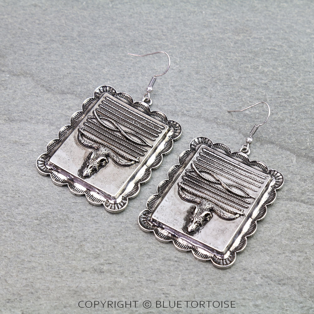 Western Boot Stitch Steer Skull Dangle Earrings