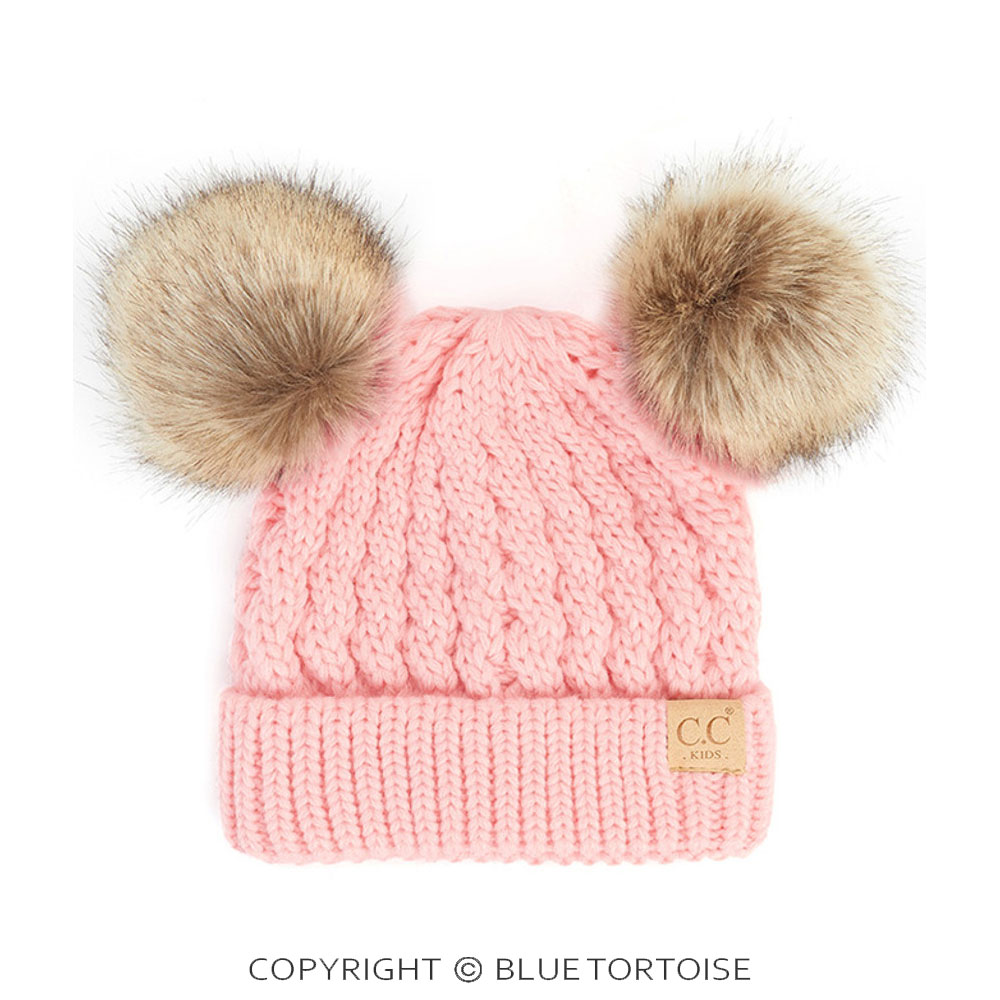 C.C Kids Double Pom Pom All Over Cable Pattern Beanie Hat