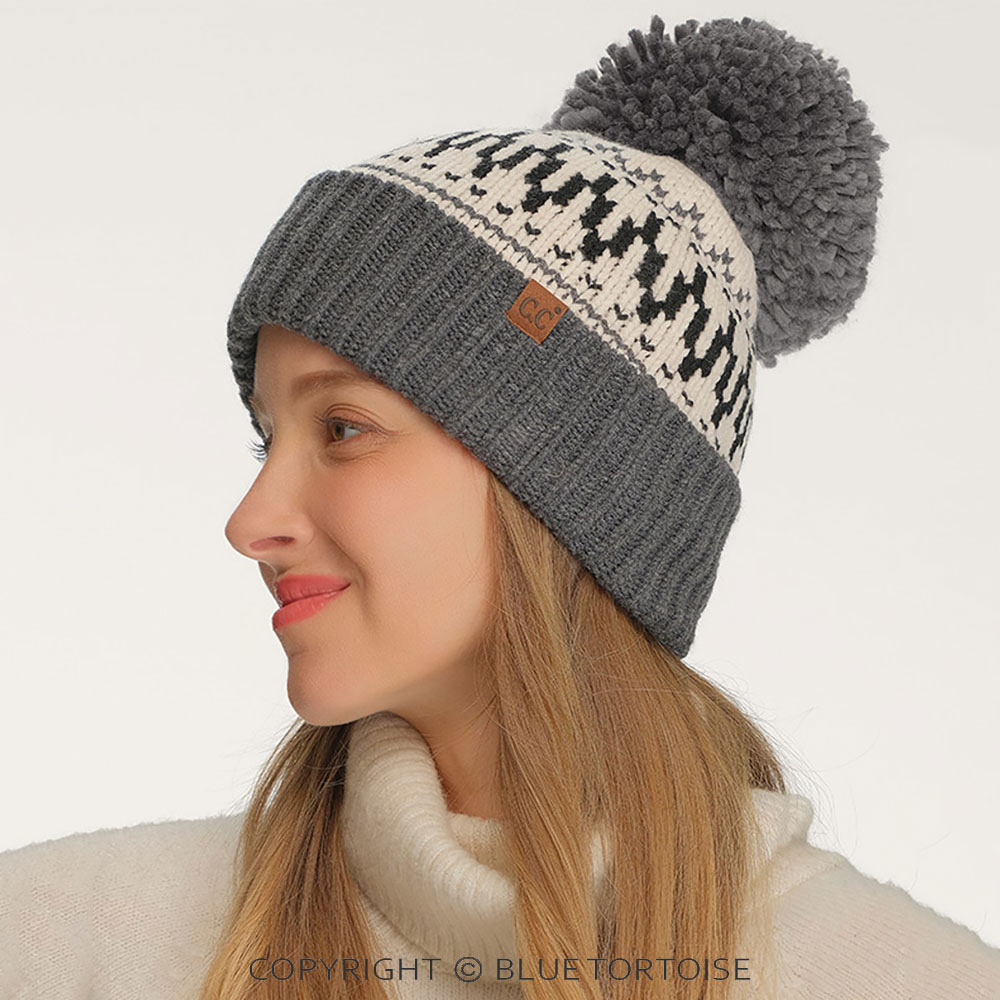 C.C Fair Isle Pattern Yarn Pom Beanie Winter Hat - Image 2