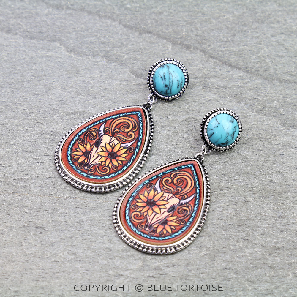 Western Sunflower Steer Skull Leather Stud Earrings
