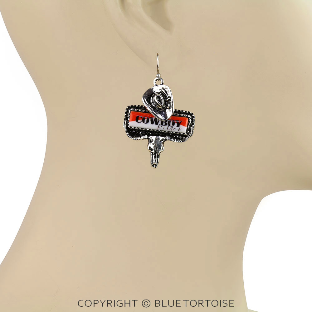 Western Red Steer Skull Cowboy Hat Dangle Earrings - Image 2