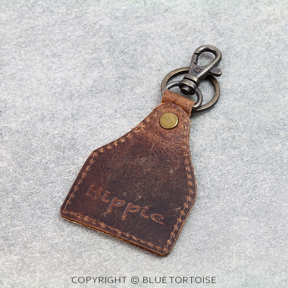 Handmade Genuine Leather Tooled Ear Tag Keychain - Steer Skull - Image 2