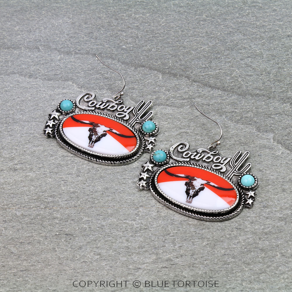 Western Red Steer Skull Cowboy Dangle Earrings