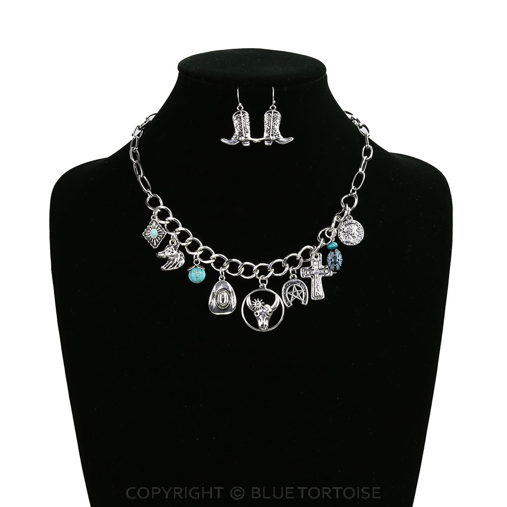 Western Steer Skull Multi Charm Necklace Set - Image 2