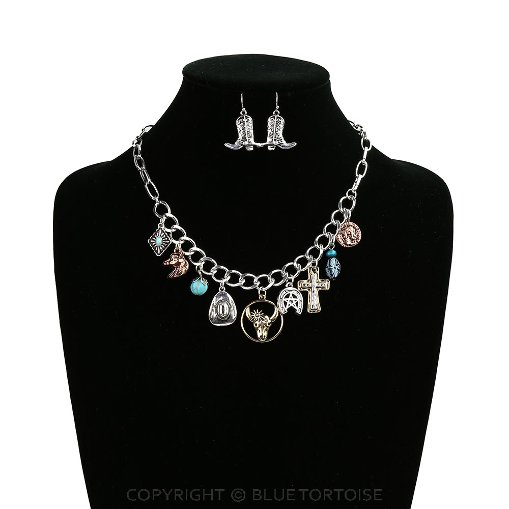 Western Steer Skull Multi Charm Necklace Set - Image 2