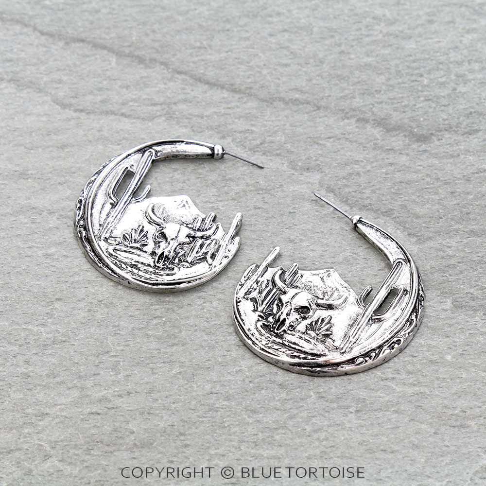 Western Steer Skull Hoop Earrings