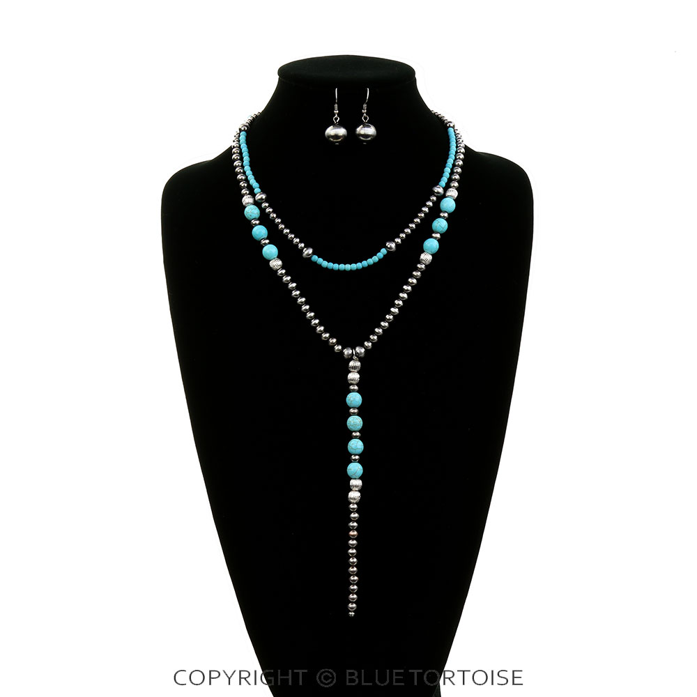 2 Layered Navajo Style Pearl Y Necklace Set - Image 2