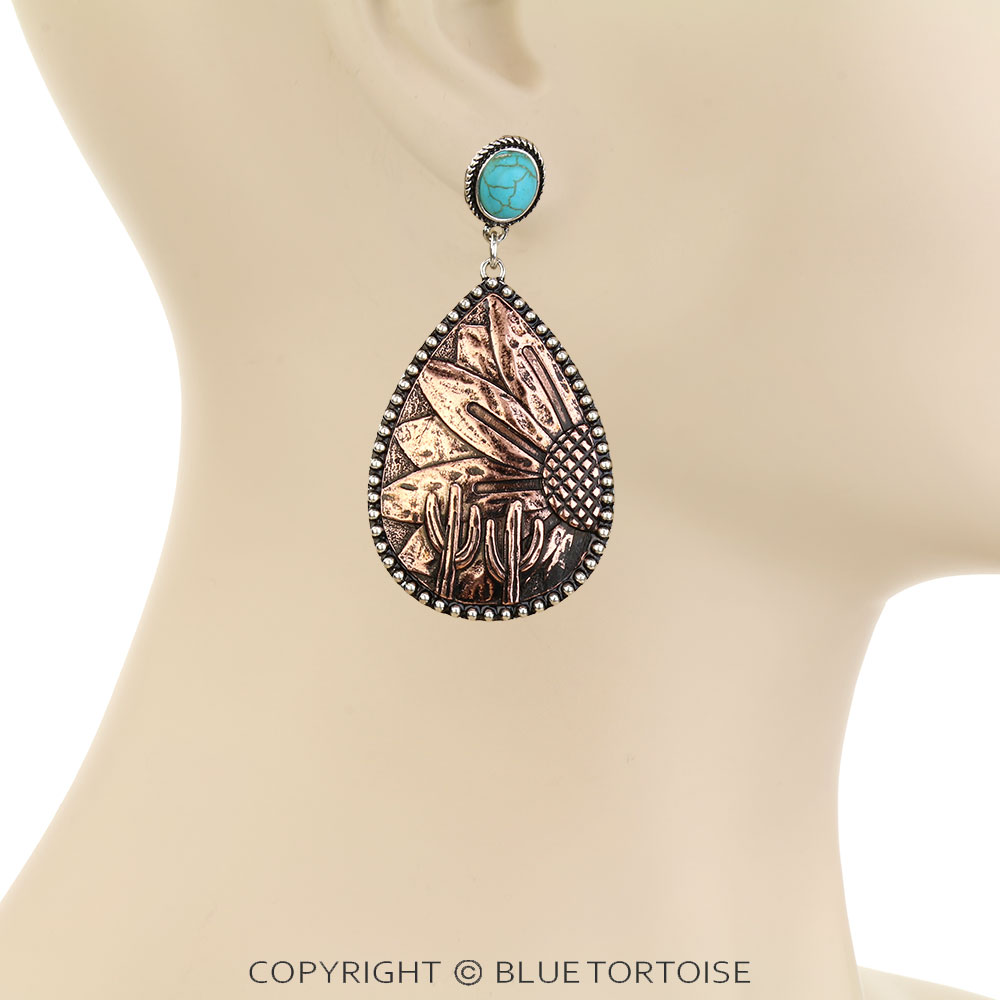 Western Sunflower Engraved Teardrop Stud Earrings - Image 2