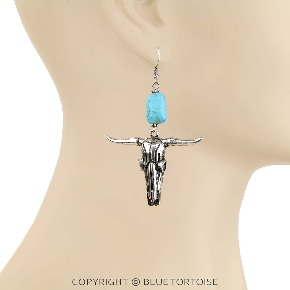 Western Steer Skull Stone Dangle Earrings - Image 2