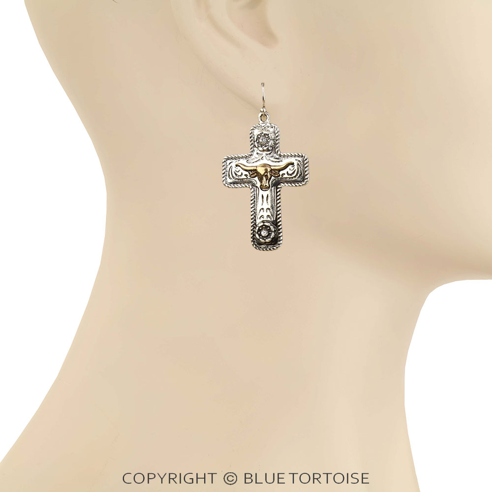 Western Steer Cow Cross Dangle Earrings - Image 2