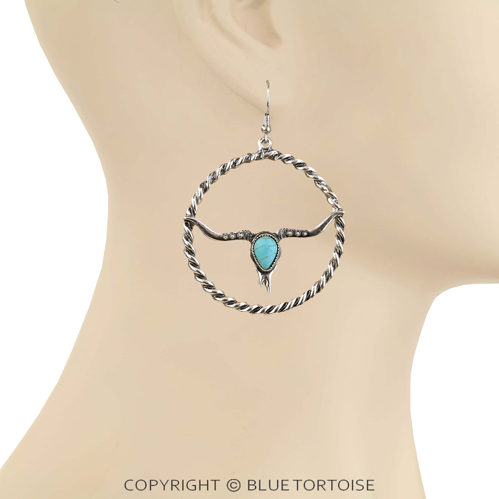 Western Steer Skull Stone Dangle Earrings - Image 2
