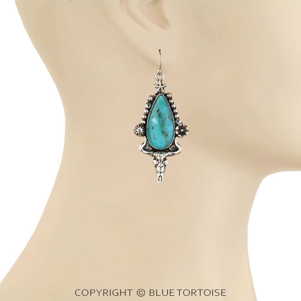 Western Steer Skull Hand Stone Dangle Earrings - Image 2