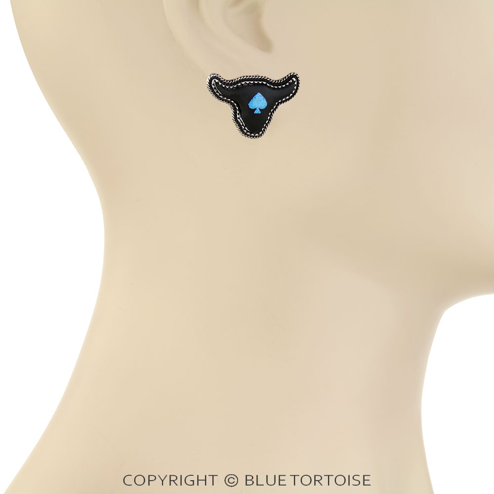 Western Cow Head Black Spade Dangle Earrings - Image 2