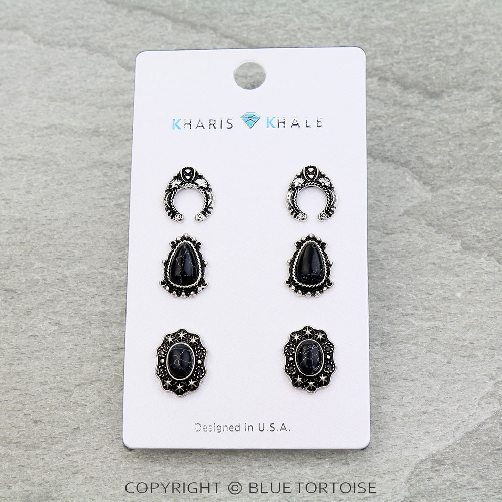3 Pair Western Stone Earring Set