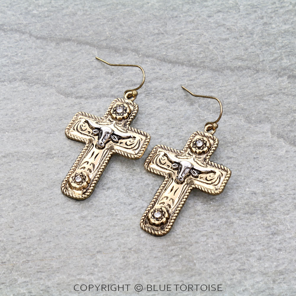 Western Steer Cow Cross Dangle Earrings