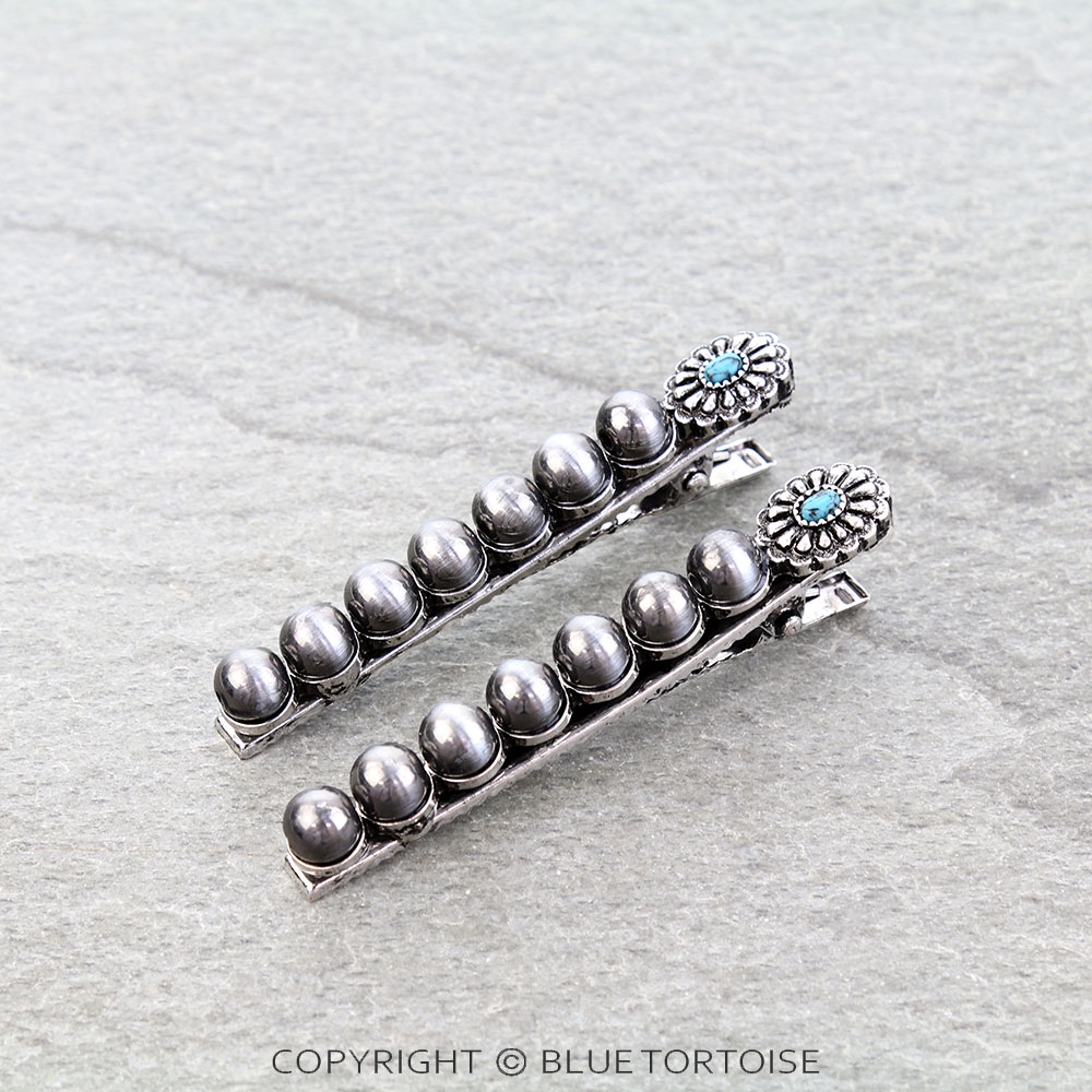 2 Pcs Western Concho and Navajo Style Pearl Hair Clip