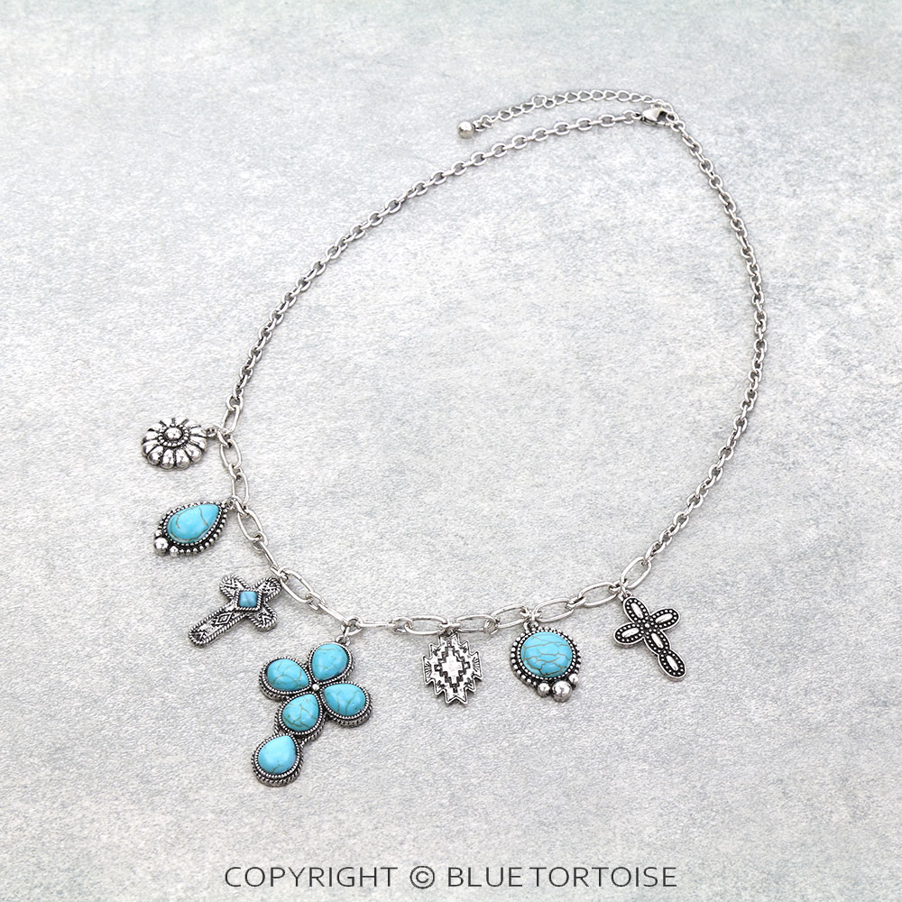 Western Cross Stone Multi Charm Necklace