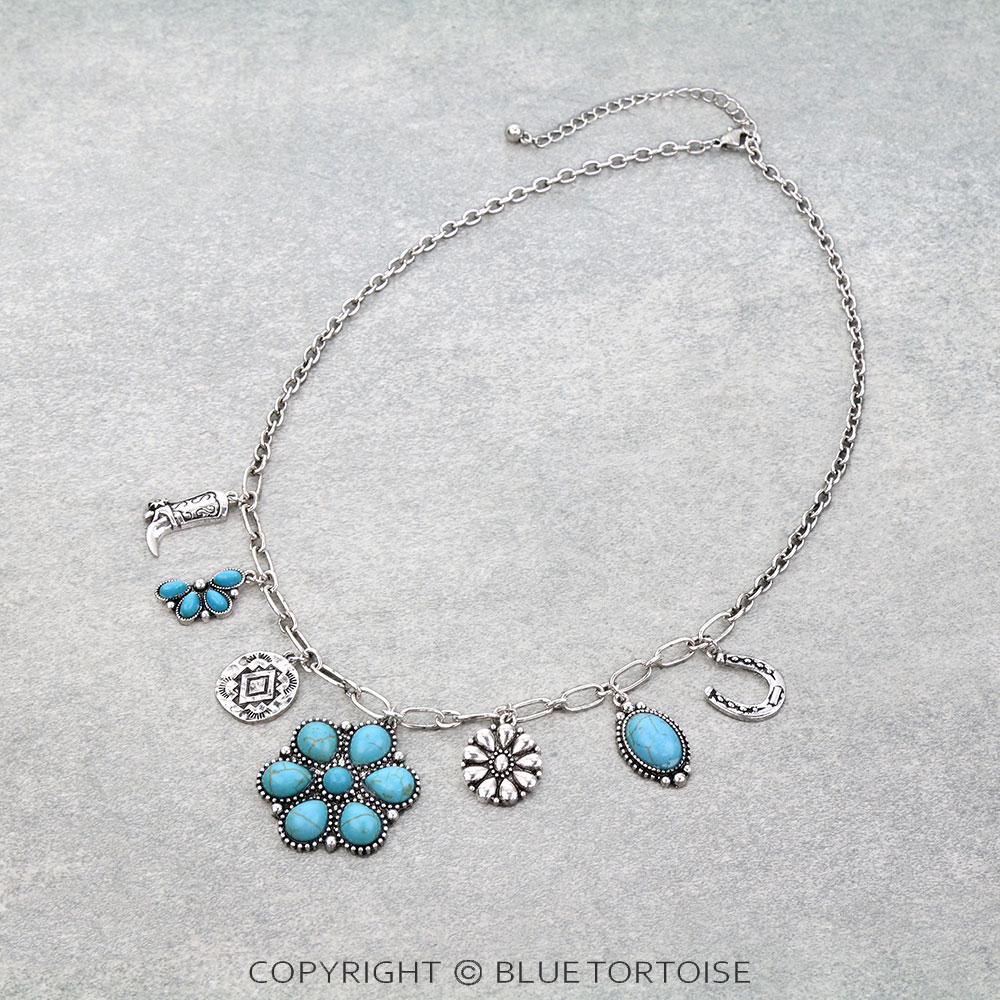 Western Concho Stone Multi Charm Necklace