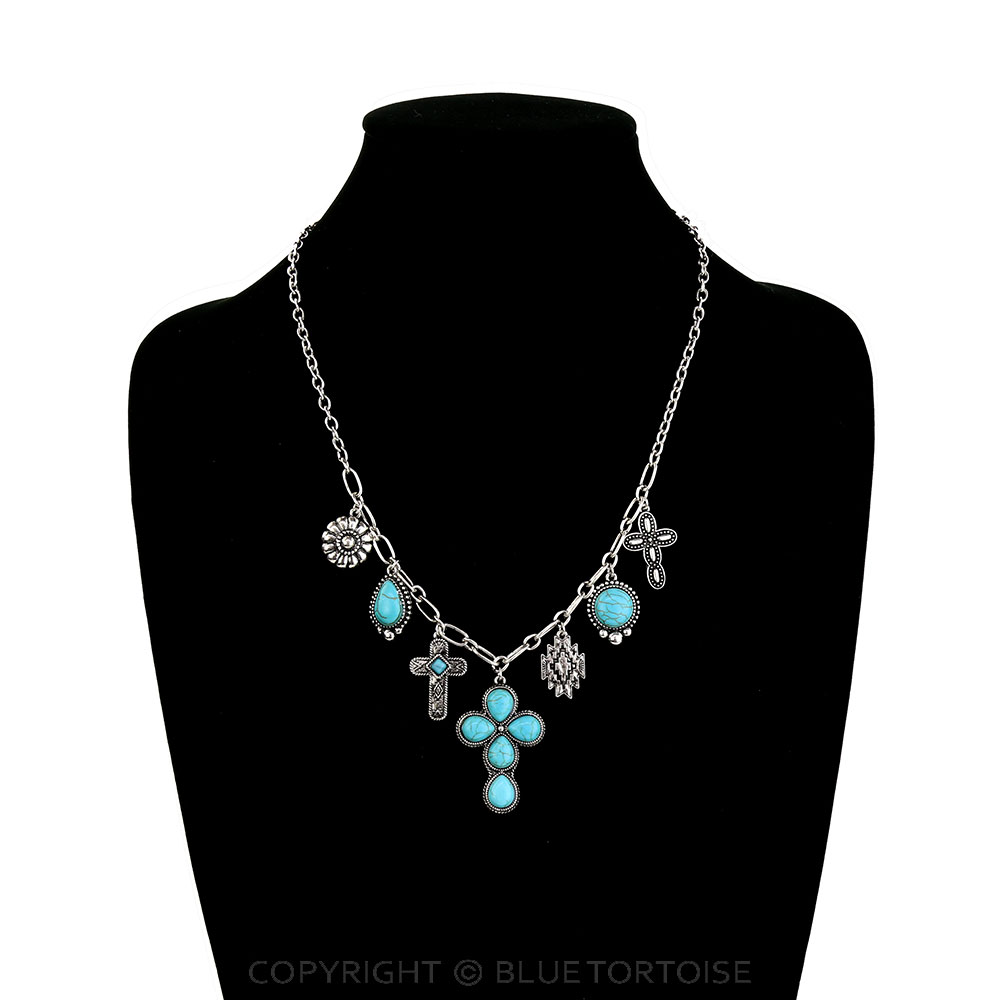 Western Cross Stone Multi Charm Necklace - Image 2