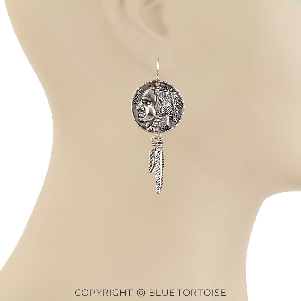 Western Native Head Coin Feather Dangle Earrings - Image 2