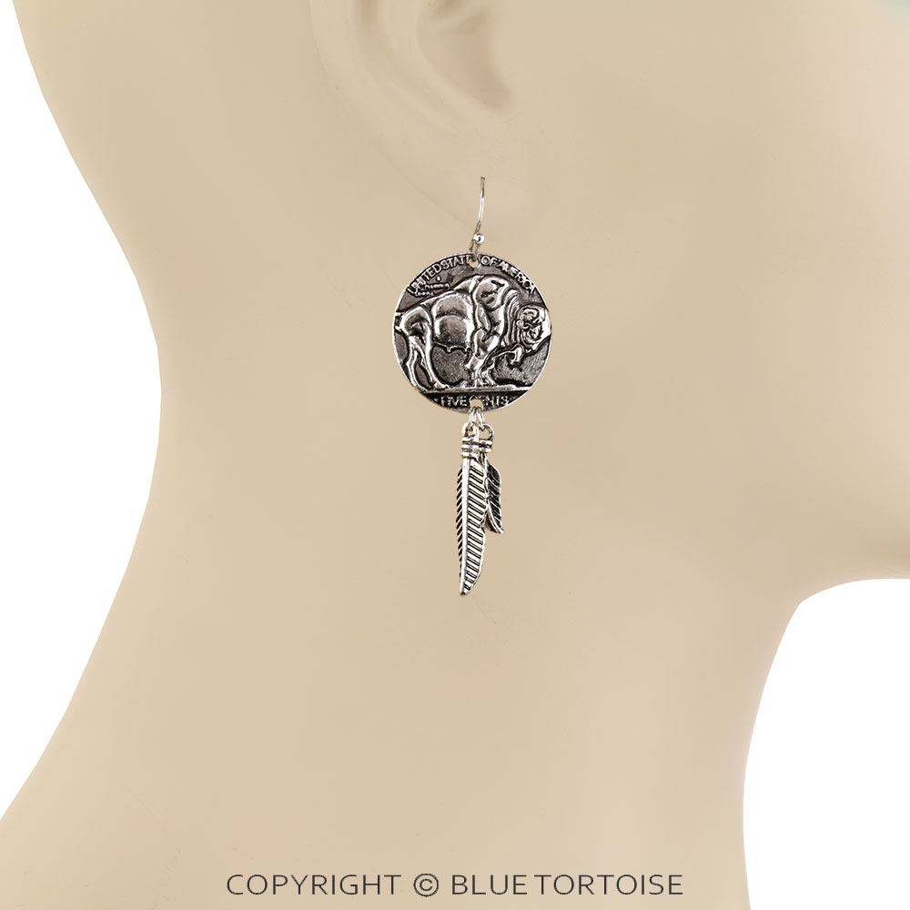Western Buffalo Coin Feather Dangle Earrings - Image 2