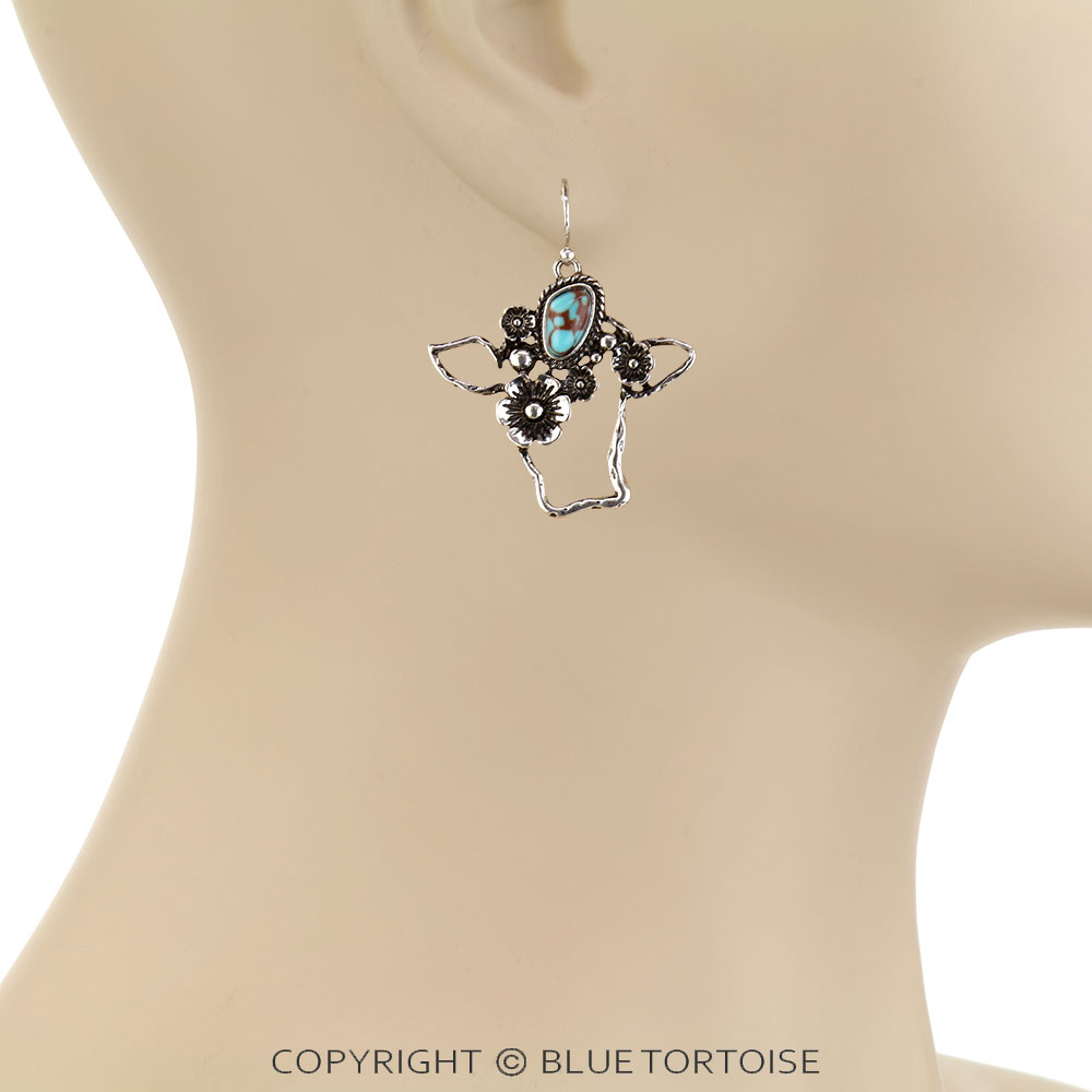 Western Flower Cowhead Dangle Earrings - Image 2