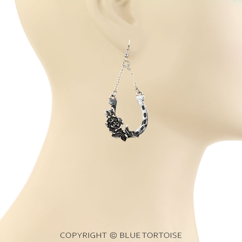 Western Horse Groove & Rose Dangle Earrings - Image 2