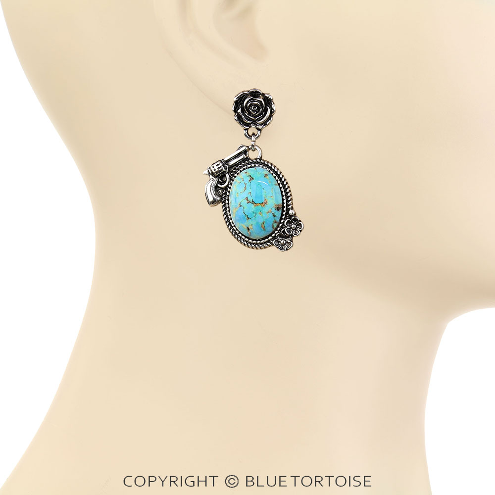 Western Rose & Gun Stone Stud Earrings - Image 2