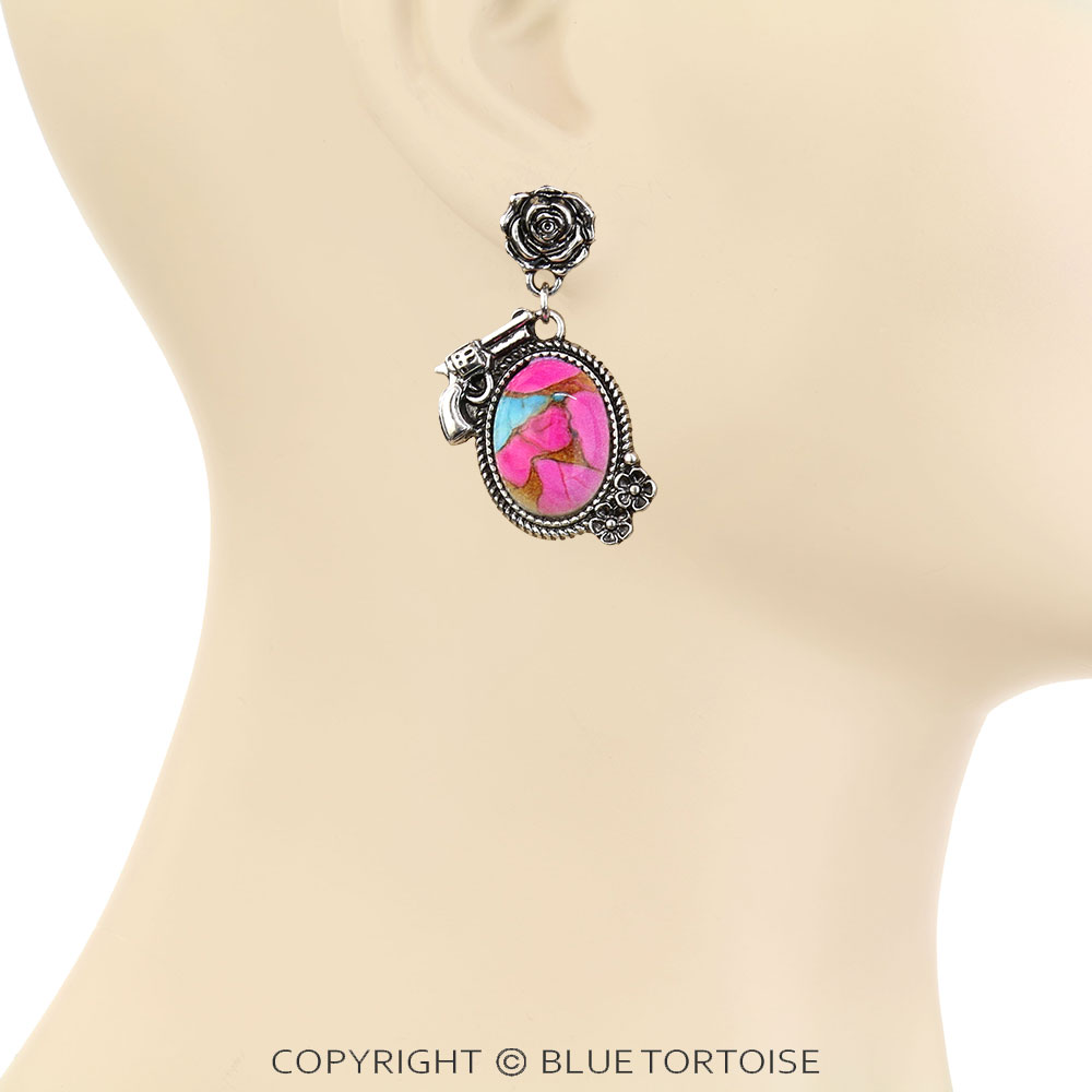 Western Rose & Gun Stone Stud Earrings - Image 2