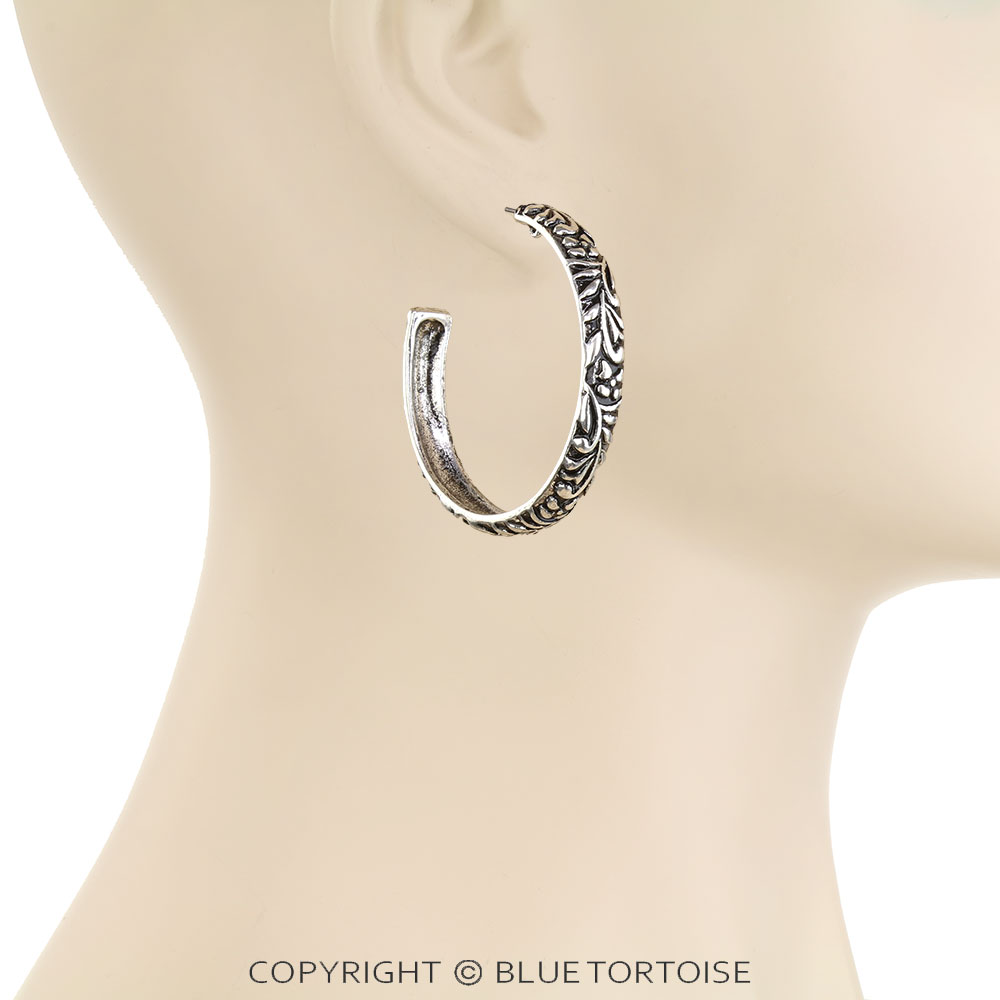 Western Metal Engraved 1.75" Hoop Earrings - Image 2
