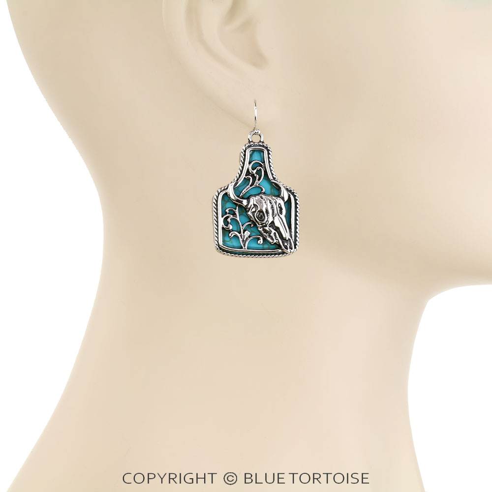Western Steer Skull Stone Dangle Earrings - Image 2
