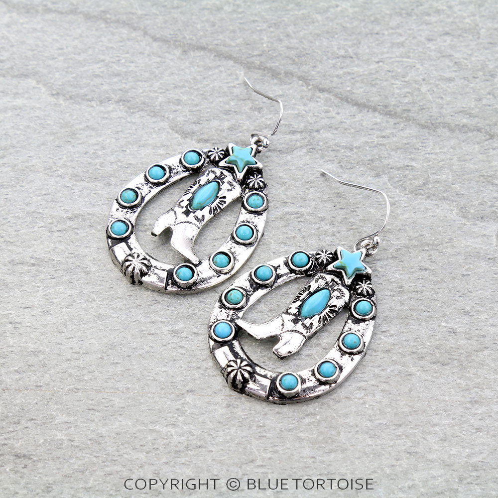 Western Cowboy Boot Stone Dangle Earrings