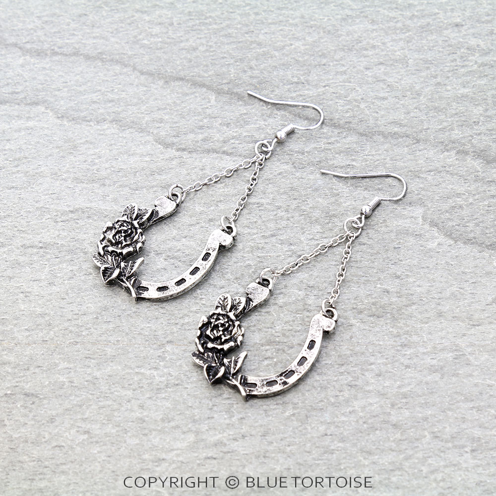 Western Horse Groove & Rose Dangle Earrings