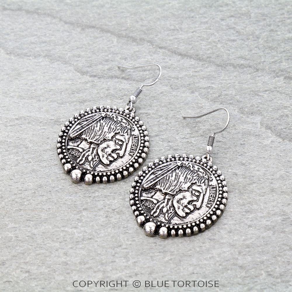 Western TXR Indian Head Dangle Earrings