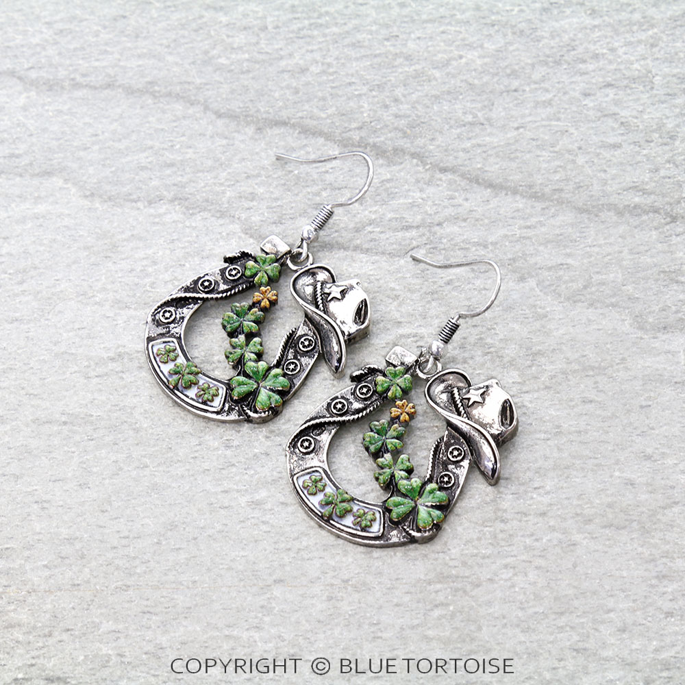 Western Clover Horse Groove Dangle Earrings